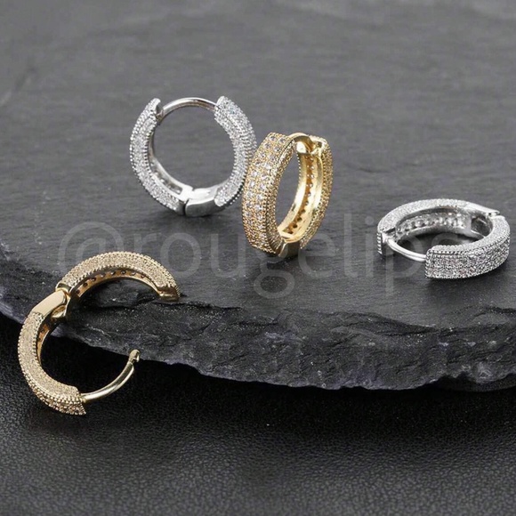 Gold Tone Hoop Earrings Faux Gem Stones Cubic Zirconia - Picture 6 of 8